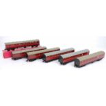 Six Hornby Dublo Super Detail maroon suburban coaches: 2x 4083 1st/2nd (E); 4084 Br/2nd (E), another
