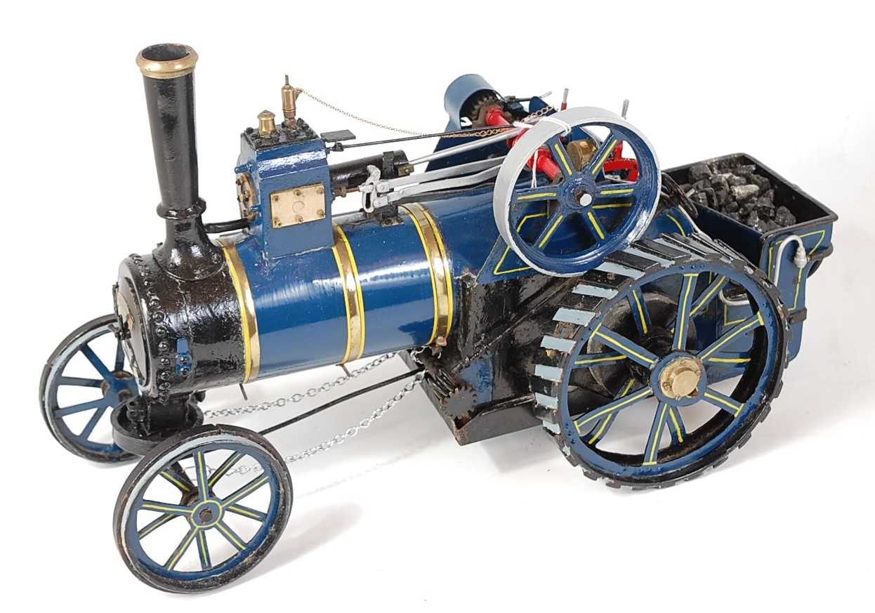 A static display model of an agricultural traction engine, approx 1" scale, finished in blue with