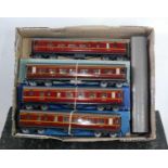 Five Hornby Dublo D3 LMS tinplate coaches: 2x 1st/3rd and 3x Br/3rd, overall (G), three are boxed (