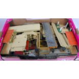 Large tray containing low quality Hornby Dublo metal stations, level crossings, footbridges,