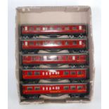 Five Hornby Dublo tin plate coaches, all maroon/red, 4049 restaurant, white windows (E) another, red