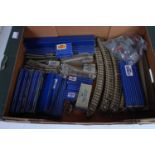 Two large trays of Hornby Dublo 3-rail track etc, includes 23 hand points, 5 crossings, large radius