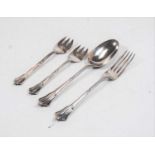 A George V silver dessert fork and spoon; together with two matching pickle forks, 3.9oz