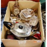 A box of miscellaneous silver plated wares, to include teapot, goblets, bonbon dish, loose