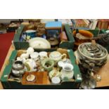 Two boxes containing a collection of various ceramics to include Portmeirion Botanic Garden teapots,