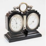 A late Victorian ebonised combination clock-barometer, the central ivory scale flanked by twin