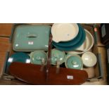 Two boxes of miscellaneous items to include Denby stonewares, mahogany wall bracket, turned brass