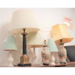 A collection of table lamps to include two in the Imari palette, three alabaster, one marble and one