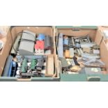 Two boxes of miscellaneous double 0 gauge locomotives, tenders, trackside accessories etc.