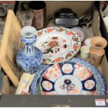 A box of mixed ceramics to include an Imari bowl, a Royal Crown Derby cabinet plate, a Delft vase,