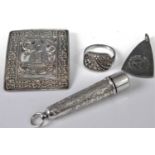 A Peruvian silver and embossed brooch; together with a continental 835 silver and marcasite set