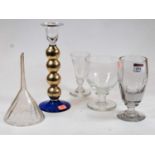 A 19th century cut glass rummer; together with two other glasses, a glass funnel, and a