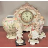 Mixed ceramics to include mantel clock, two Hummel figures, baluster vase and resin figure (5)