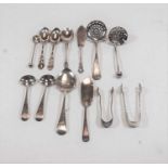 Assorted silver flatware, to include tea and coffee spoons, sifting spoon, sugar bows, mustard