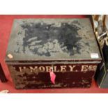 A 20th century tin trunk, painted Morley Esq, w.41cm