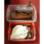 Two boxes of assorted tools, to include moulding planes, bowling woods, table lamps etc