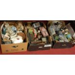 Three boxes of sundries, to include mixed ceramics, toys, trinket boxes, glass decanter etc