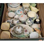 A box of mixed ceramics to include after Clarice Cliff two trios, Royal Doulton Winnie the Pooh