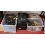 A large quantity of mixed camera equipment, reel-to-reel vintage telephones and records, to
