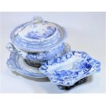 A Victorian Staffordshire blue & white printed pedestal soup tureen and cover on stand, height 27cm,