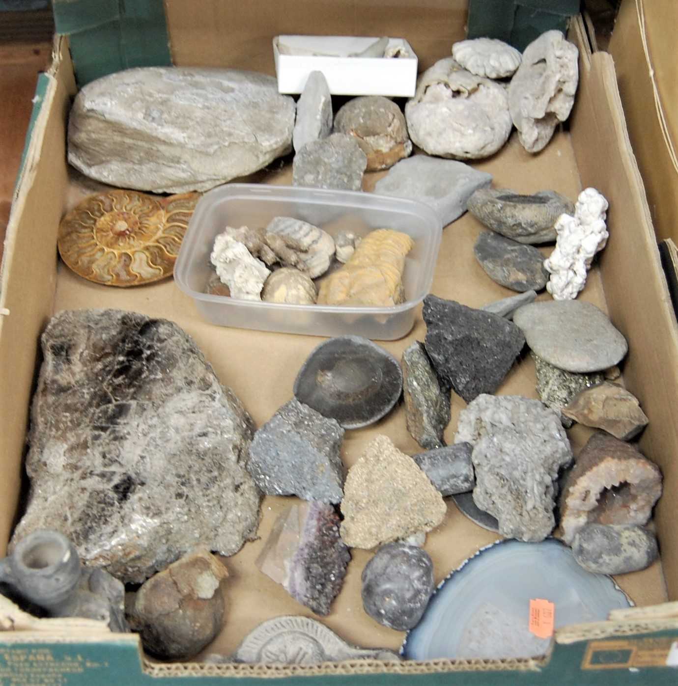 A box containing assorted geodes, rock crystal specimens, early pottery artefacts etc