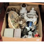 A box of miscellaneous items, to include a large earthenware bowl, pair of silver plated open salts,