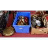 Two boxes of ceramics and metalware, to include a brass warming pan and a Victorian brass oil lamp