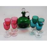 A small collection of miscellaneous glassware, to include green glass decanter and stopper, a set of