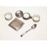 Silver wares, to include a powder compact, teaspoon, two napkin rings, and a full hunter pocket