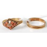 A 15ct gold and coral set ring (one coral stone missing); together with a 15ct gold wedding band