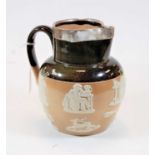 A Doulton Lambeth salt glazed stoneware hunting jug with silver rim, height 17cm