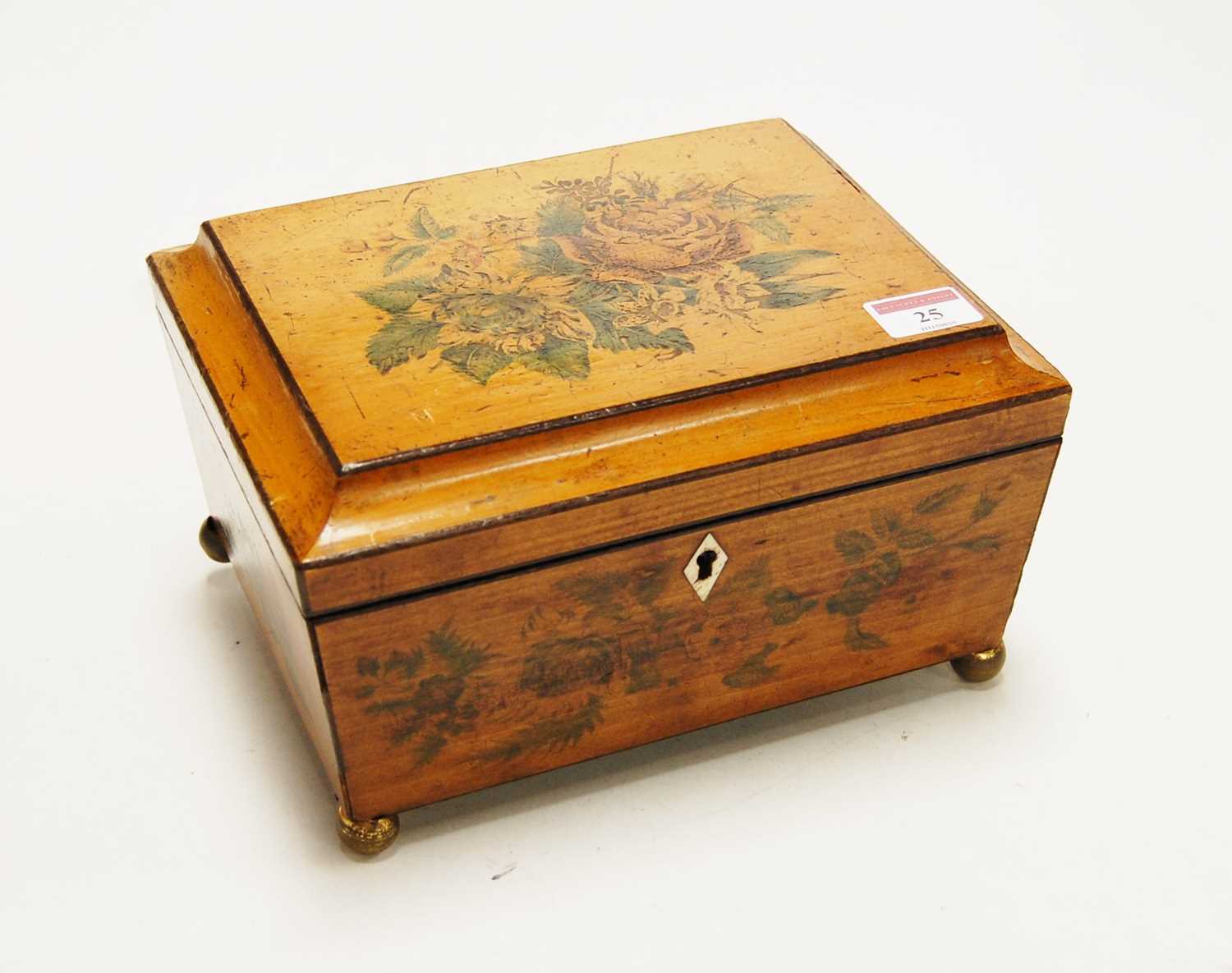 A Victorian simulated satinwood work box of sarcophagus form, transfer printed with various roses,