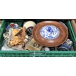 A box of sundries to include table china, Imari footed bowl, cake plate etc