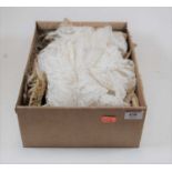 A box of miscellaneous 19th century and later lace and linen to include gold thread embroidered