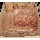 A collection of pressed moulded peach glass dressing table wares