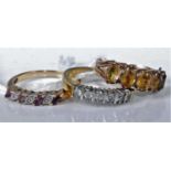A modern 9ct gold, amethyst and white sapphire set half eternity ring, size P; together with two