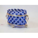 A clear and blue tinted cut glass casket and cover, of oval form, having silver plated ring