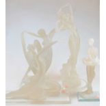 After Rene Lalique, four various faux glass figures of female nudes and dancers, each on a perspex
