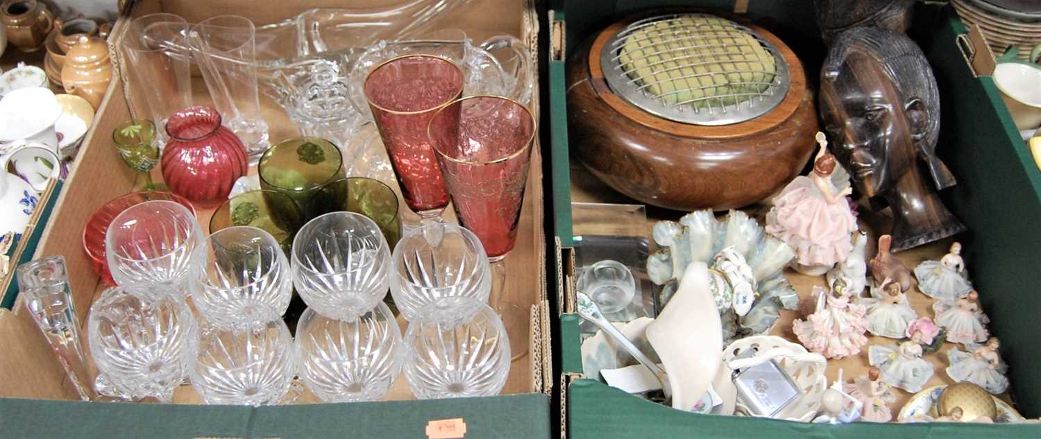 Two boxes to include various glassware, miniature crinoline figures, treen rose bowl etc