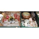 Two boxes to include various glassware, miniature crinoline figures, treen rose bowl etc