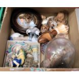 Mixed lot to include two Victorian framed Prattware pot lids, sundry glass paperweights, cowrie