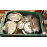 A box of miscellaneous silver plated wares, to include entrée dishes, muffin dish, meat plates