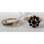 A modern 9ct gold, sapphire and diamond point set dress ring, size L; together with a 9ct garnet