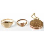 A gent's 9ct gold signet ring, size T; together with a lady's 9ct gold 'love' ring, size K/L; and