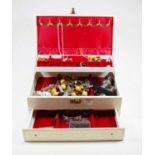 A fitted jewellery box and contents, to include assorted costume, beaded necklaces, plated cruets