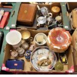 Two boxes of miscellaneous items to include marigold carnival glass dish , Ronson table lighter,