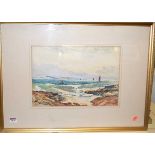 H C? Davis - sailing boats off the coastline, watercolour, signed and dated lower right 1927,