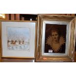 Early 20th century over-painted portrait photograph of a young child, in heavy gilt frame;