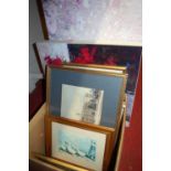 A box of assorted pictures and prints to include topographical engravings etc