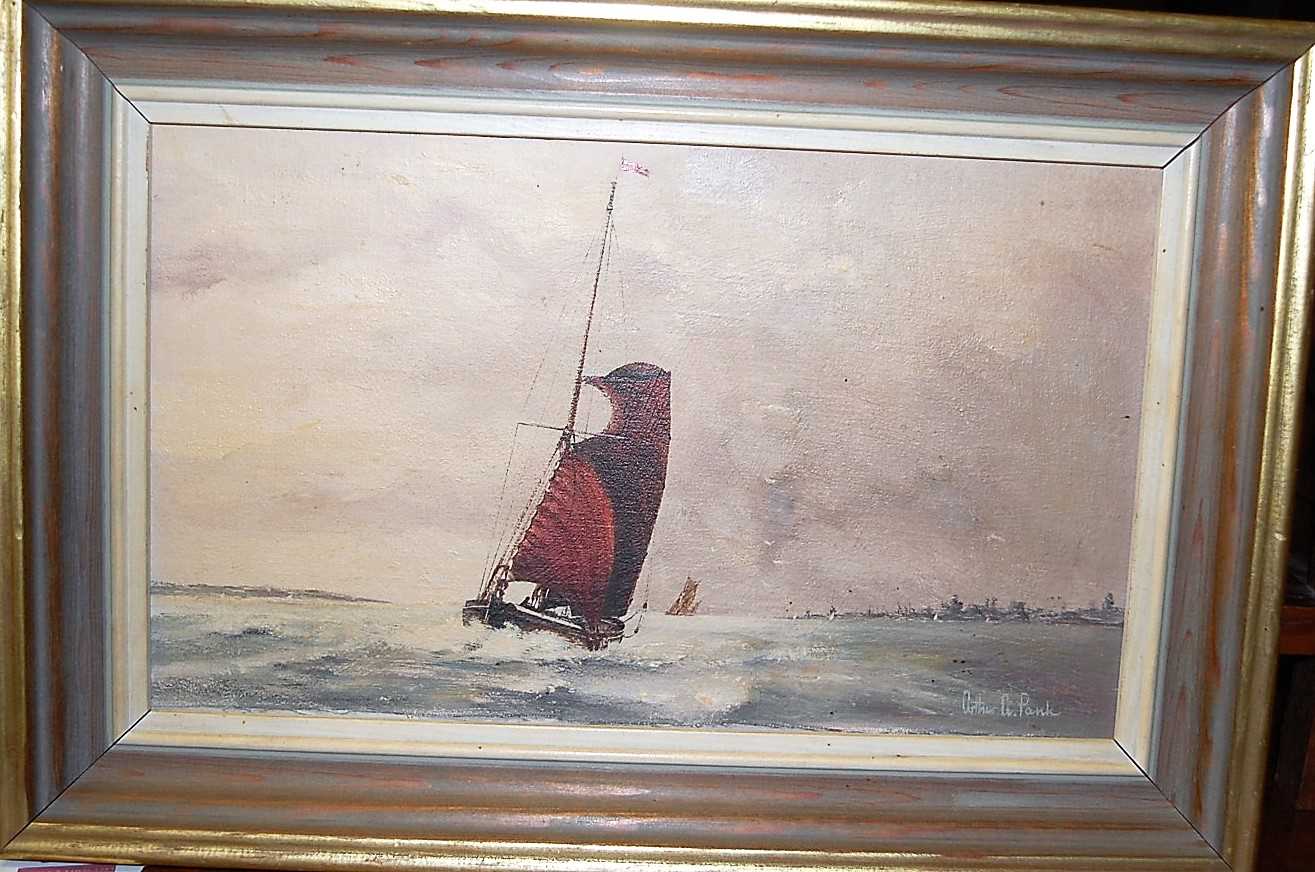 Arthur A Park - Sailing boats off the coastline, oil on artist board, signed lower right, 16.5x28cm